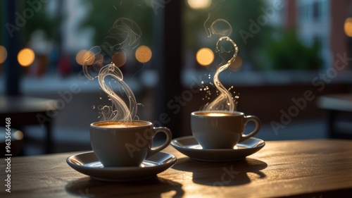 Heart-Shaped Steam Over Coffee Cups in Cafe. Two steaming cups of hot coffee