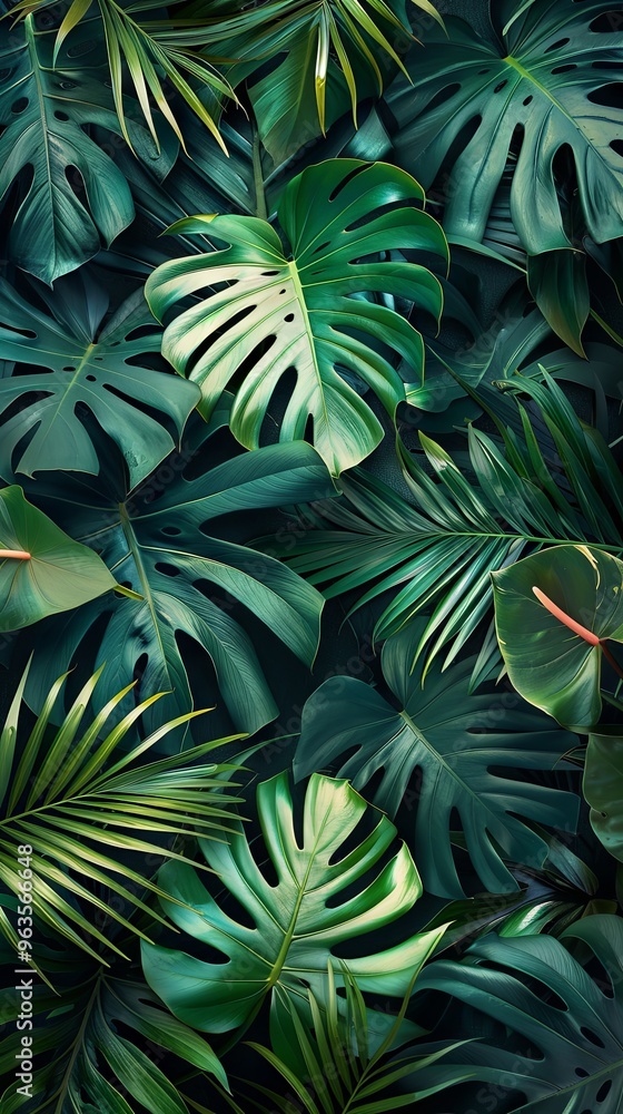 Lush tropical plants and graceful palm and monstera leaves background wallpaper colorful pattern