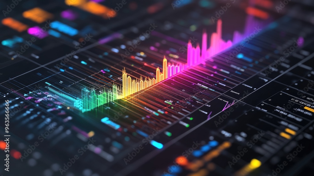 Obraz premium Colorful digital sound wave visualization on a dark background, showcasing audio frequencies and modern technology.