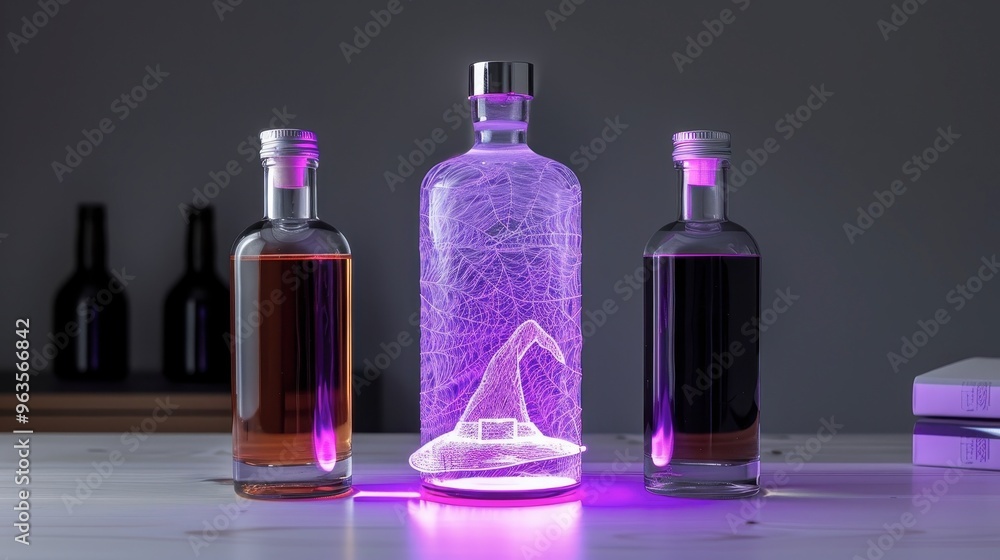 23071401 23 23. Halloween bottle with an intricate witch hat design, filled with glowing purple mist, beautiful and unique, perfect for display 23071401 23 23. Halloween bottle with an intricate witch hat design, filled with glowing purple mist, beautiful and unique, perfect for display