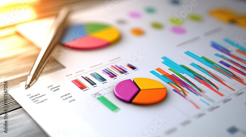 Colorful graphs and charts on a financial report, showcasing data analysis and insights for business decisions.