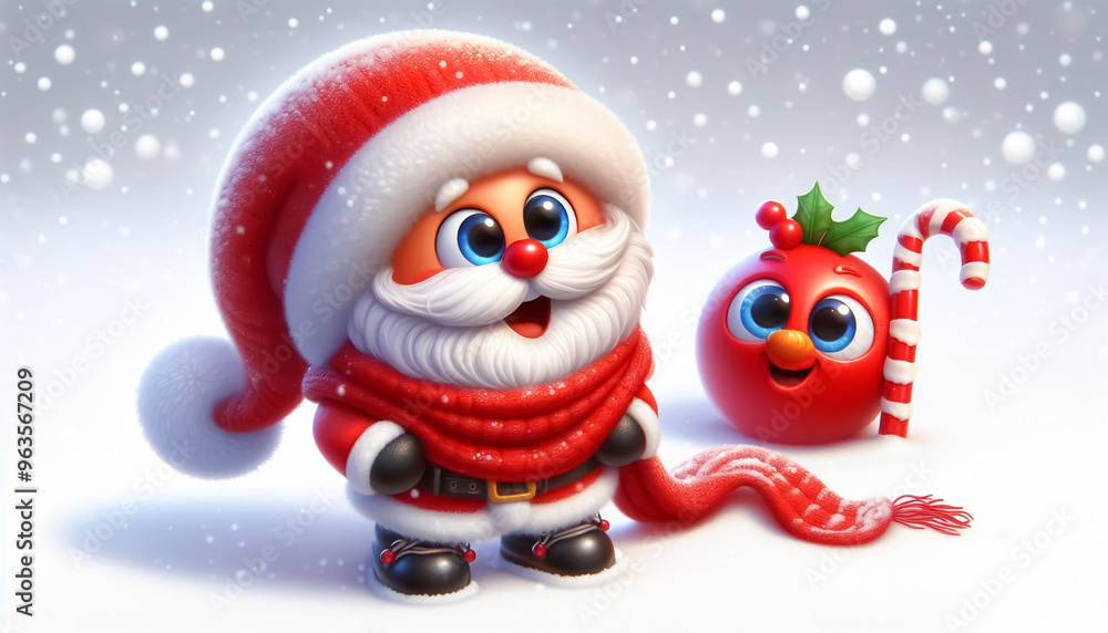 Cute Santa Claus illustration in snowy landscape with scarf and wool hat. Christmas Celebration Time
Cute Santa Claus illustration in snowy landscape with scarf and wool hat. Christmas Celebration Time