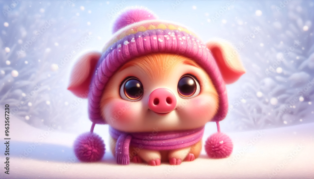 Cute pig illustration in snowy landscape with scarf and wool hat. Christmas Celebration Time Cute pig illustration in snowy landscape with scarf and wool hat. Christmas Celebration Time
