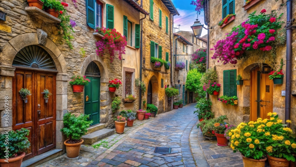 Fototapeta premium Picturesque streets of Italy with colorful buildings, cobblestone paths, and hanging flower baskets