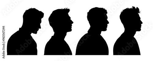 set of silhouette of young handsome man twenty years old, profile, side view, isolated
