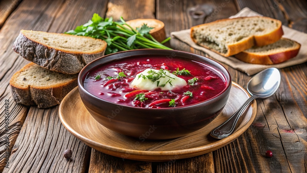 Ukrainian, rustic, Russian, beet, meal, bowl, Borscht a traditional red beetroot soup is served with fresh bread on a natural wooden background creating an asymmetrical composition Ukrainian, rustic, Russian, beet, meal, bowl, Borscht a traditional red beetroot soup is served with fresh bread on a natural wooden background creating an asymmetrical composition