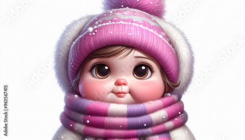 Cute girl illustration in snowy landscape with scarf and wool hat. Christmas Celebration Time