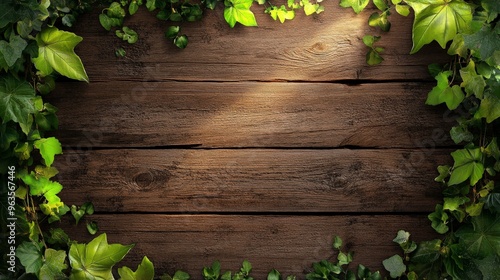 Mobile wallpaper featuring a dark brown wooden background with ivy. Green leaves frame the top and bottom of the image. Light rays penetrate cracks in the wood. Vector illustration style with simple