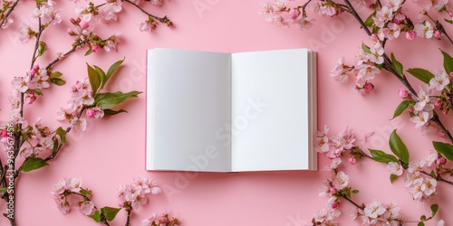 Mockup of Open Blank Book Surrounded by Delicate Pink Flowers. AI generated illustration.