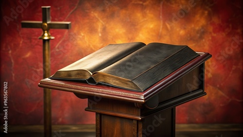 crimson, black leather, vintage, gold inscription, lectern, Holy Bible, Vintage black leather Holy Bible with Apocrypha inscribed in gold displayed on a crimson lectern