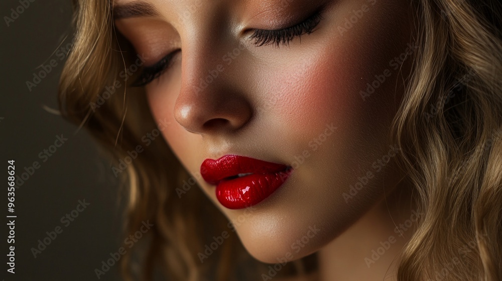 A captivating close-up of a woman with luscious red lips and soft wavy hair. The focus on her serene expression conveys beauty and elegance. Perfect for beauty and fashion themes. AI A captivating close-up of a woman with luscious red lips and soft wavy hair. The focus on her serene expression conveys beauty and elegance. Perfect for beauty and fashion themes. AI