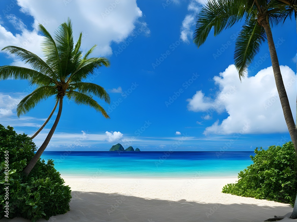 Obraz premium Sunny tropical island beach with blue waters, palm leaves, and serene natural beauty, capturing the essence of a perfect summer escape