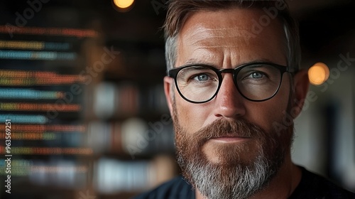 Closeup portrait of a man with a beard and glasses, looking serious.