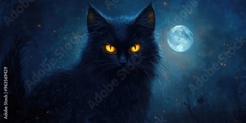 Mystical Black Cat with Glowing Yellow Eyes on Magical Moonlit Background. AI generated illustration