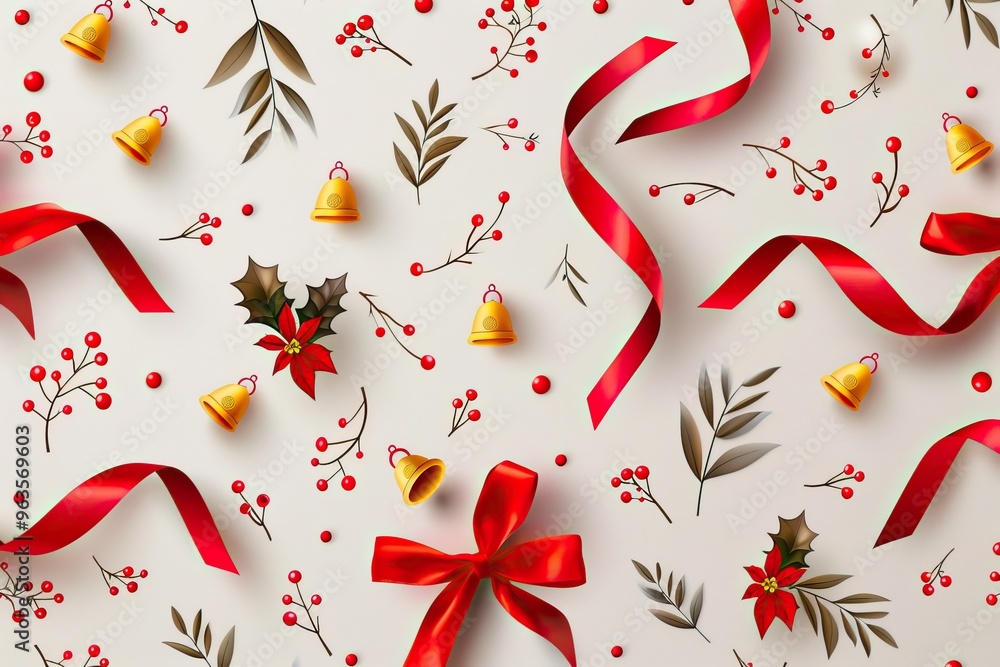 Fototapeta premium Festive arrangement of red ribbons, bells, and holly leaves on a light background, perfect for holiday themes and celebrations.