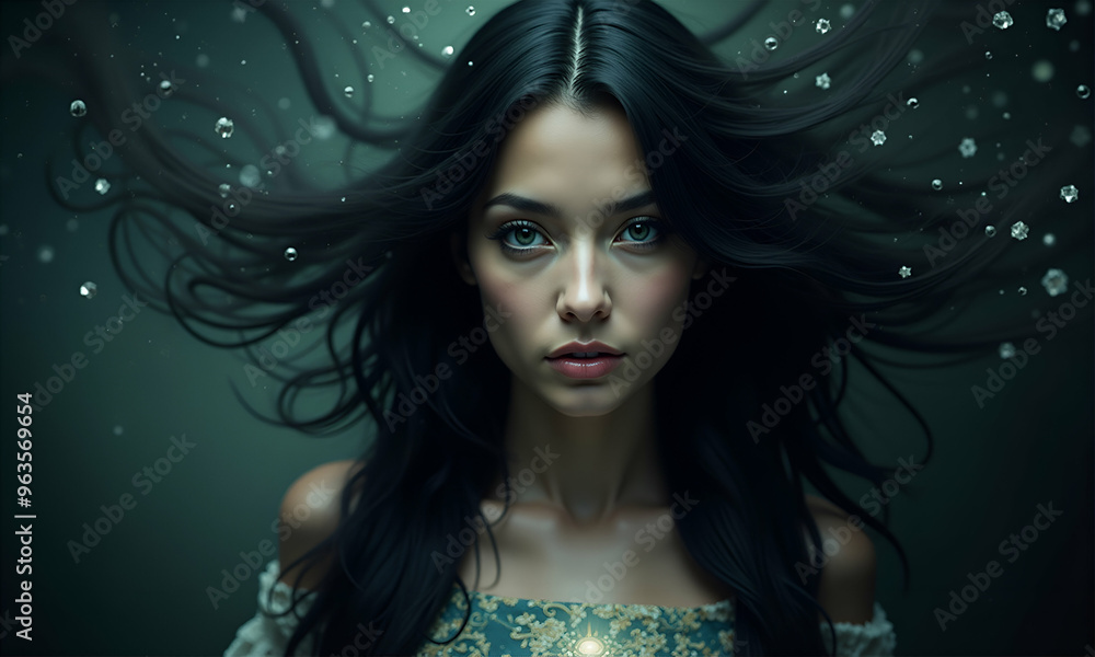 Naklejka premium Digital artwork featuring a woman with long black hair and grey eyes, set against green background with floating bubbles. The dreamy, creative whimsical composition