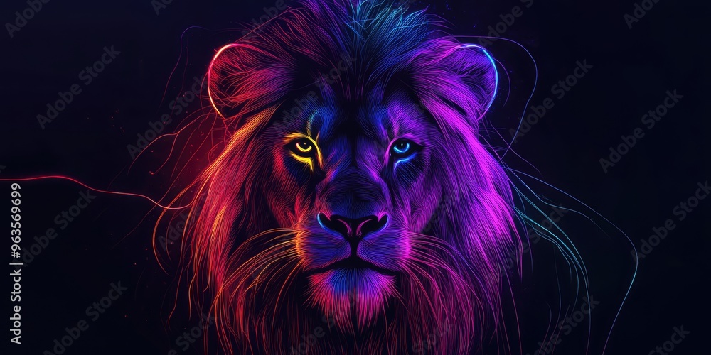 Naklejka premium Neon Lion with Glowing Lines on Black Background. AI generated illustration