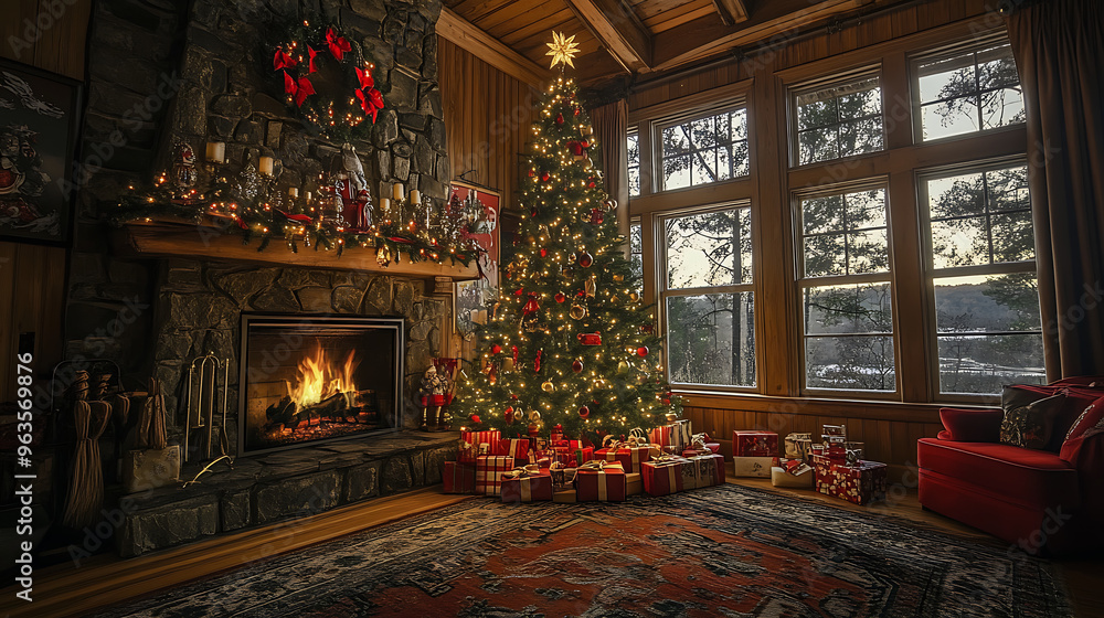 A beautifully decorated Christmas tree with twinkling lights, colorful ornaments, and wrapped presents underneath, set in a cozy living room with a roaring fire in the fireplace. A beautifully decorated Christmas tree with twinkling lights, colorful ornaments, and wrapped presents underneath, set in a cozy living room with a roaring fire in the fireplace.