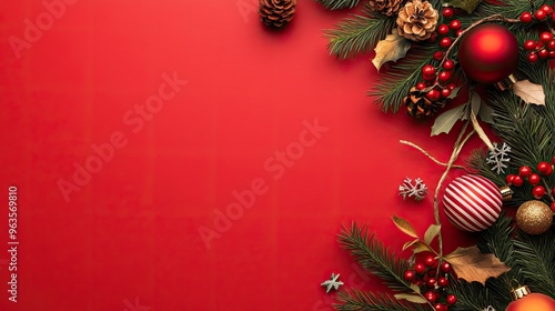 Festive holiday arrangement with pine, ornaments, and berries on a vibrant red background, perfect for Christmas celebrations.
