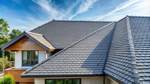 Bituminous tile roof on modern house exterior