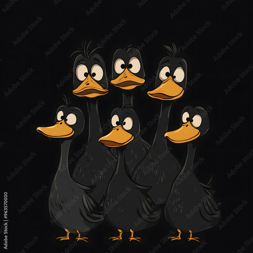 Group of black ducks with yellow beaks simple black background. Group of black ducks with yellow beaks simple black background.