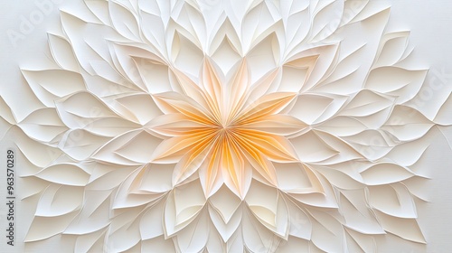 Intricate paper art design featuring layered petals in soothing cream and orange tones, creating a serene floral pattern. photo