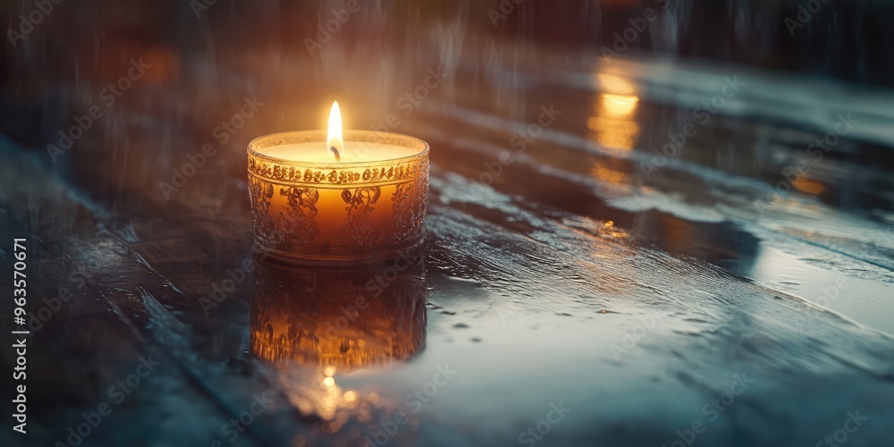 Ornate Candle on Wooden Surface with Reflections. AI generated illustration Ornate Candle on Wooden Surface with Reflections. AI generated illustration