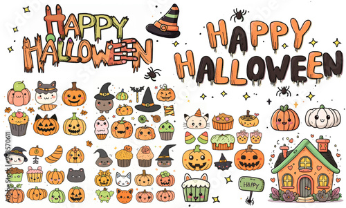 Bundle of Halloween illustrations for your projects stickers Halloween vectoriels, illustrations colorées, fond transparent, fichier PNG pour design festif