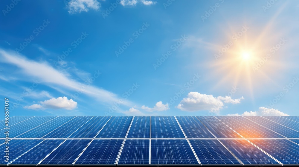 Solar panels under a bright blue sky, harnessing renewable energy for a sustainable future. Bright sun and fluffy clouds enhance the scene. Solar panels under a bright blue sky, harnessing renewable energy for a sustainable future. Bright sun and fluffy clouds enhance the scene.