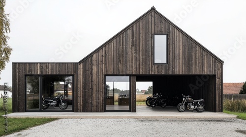 North American modern farmhouse. Minimalistic A-frame farm house made of larch with large windows, motorcycle are parked nearby