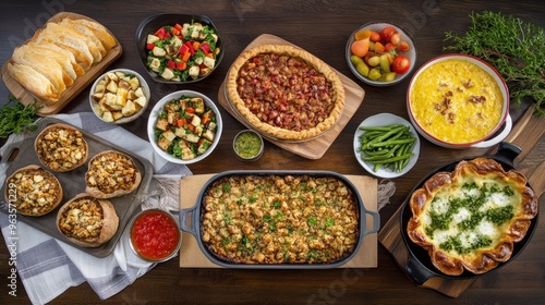 A Rustic Table Setting with Various Dishes for a Hearty Meal