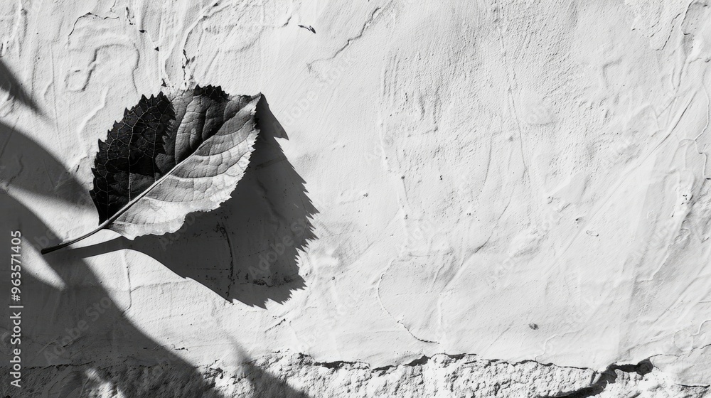 Fototapeta premium Textures of shadows cast by a leaf on a white wall in black and white.