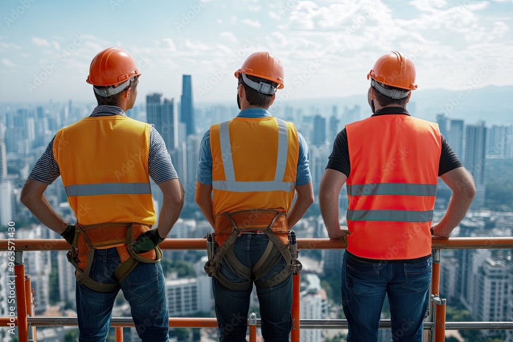 Three construction workers in safety gear overlook a city skyline from a height, showcasing teamwork and urban development. Three construction workers in safety gear overlook a city skyline from a height, showcasing teamwork and urban development.