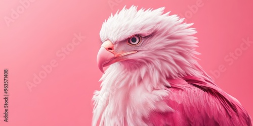 Pink Fluffy Eagle with Intense Gaze on Vibrant Pink Background. Surreal and Whimsical Art Concept. AI generated illustration. photo