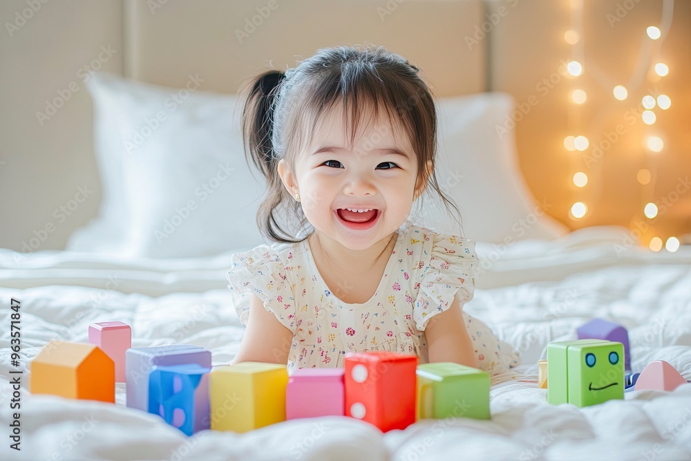 Naklejka premium Cute little happy child girl sitting play colorful toys at bed in home room.Asian baby lifestyle and education. generative ai