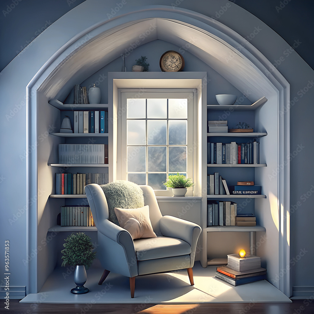 Fototapeta premium Cozy Alcove with Fair-Skinned Modern Décor, Built-In Shelves, Comfortable Armchair, and Soft Natural Light from Small Window, Perfect Reading Nook in Home Setting