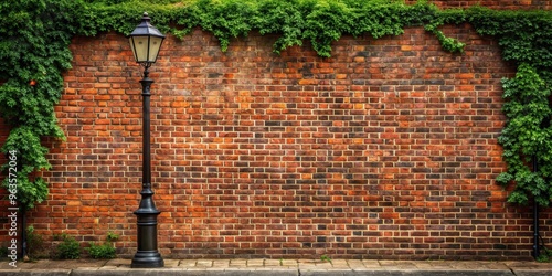Red brick wall on a London street with vintage lamp post and greenery