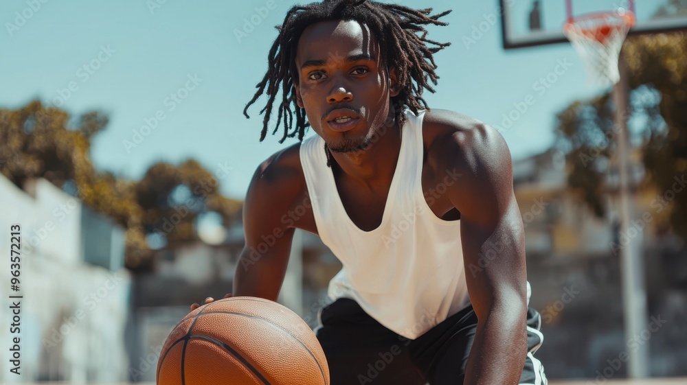 Young man with dark skin and dreadlocks dribbling a basketball on a court, wearing a white tank top and black shorts, focusing intently on the hoop with the neighborhood in the background