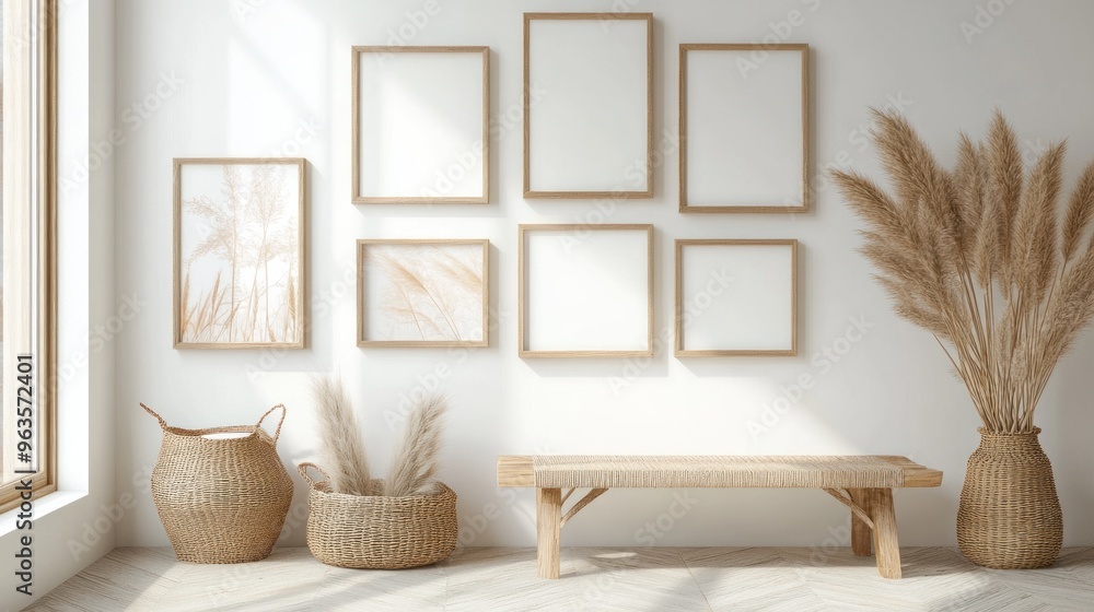 Minimalist Boho Interior Design with Wooden Bench and Pampas Grass Minimalist Boho Interior Design with Wooden Bench and Pampas Grass