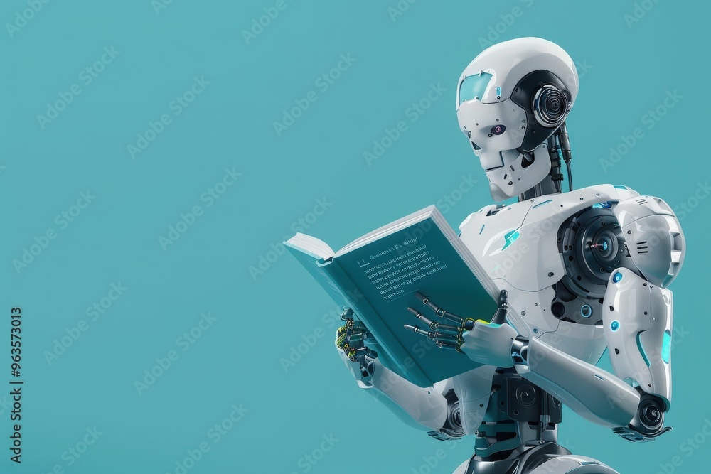 Naklejka premium A robot is reading a book, generative ai image