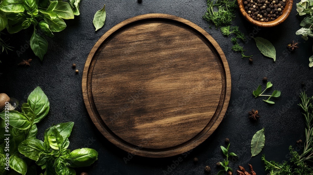 Empty wooden round board on a dark background, surrounded by herbs and spices, captured from a top view. Designed as a menu banner in photo stock style Empty wooden round board on a dark background, surrounded by herbs and spices, captured from a top view. Designed as a menu banner in photo stock style