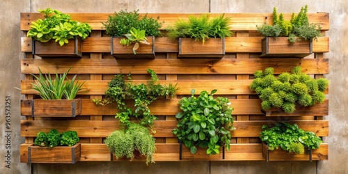 Vertical garden in a wooden planter box mounted on a wall