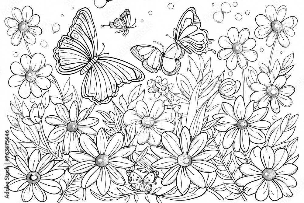custom made wallpaper toronto digitalA whimsical line art featuring butterflies and flowers, perfect for coloring and creative expression.
