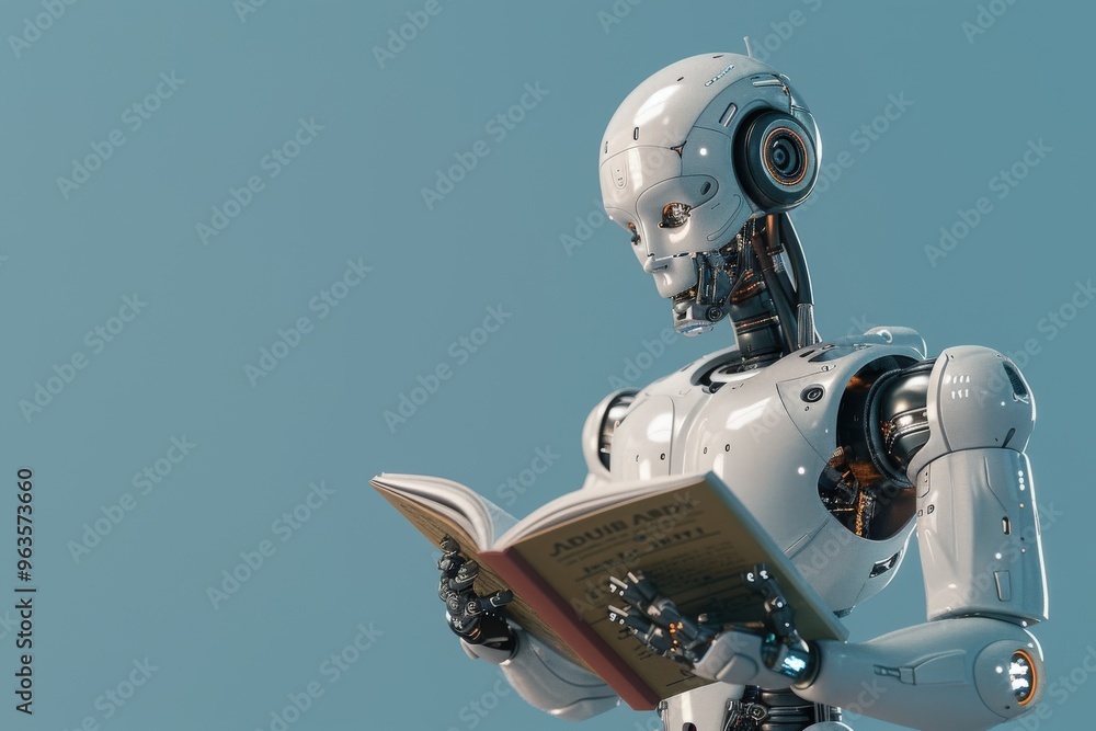A robot is reading a book, generative ai image A robot is reading a book, generative ai image