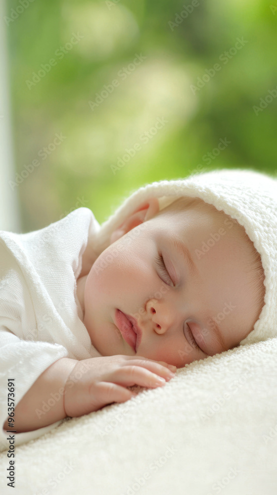 A peaceful sleeping baby, wrapped in soft bedding, exuding innocence and tranquility in a serene environment. high quality A peaceful sleeping baby, wrapped in soft bedding, exuding innocence and tranquility in a serene environment. high quality