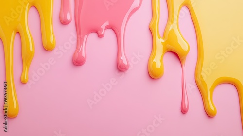 Vibrant drips of yellow and pink paint create an artistic splash on a soft pastel background, perfect for creative projects.