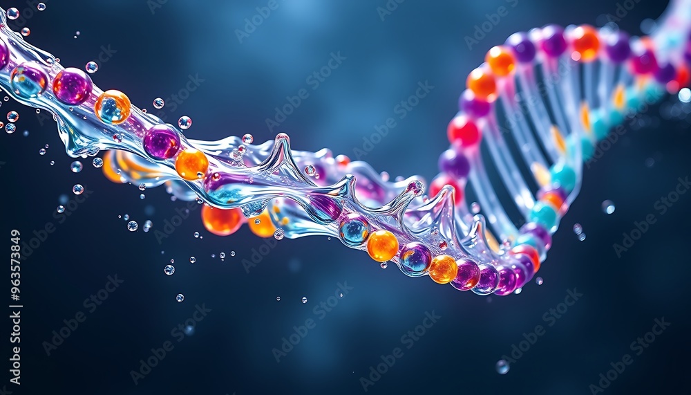 A 3D rendering of a DNA double helix, with colorful spheres representing the nucleotides. The helix is surrounded by water molecules, suggesting the importance of water in the function of DNA. A 3D rendering of a DNA double helix, with colorful spheres representing the nucleotides. The helix is surrounded by water molecules, suggesting the importance of water in the function of DNA.