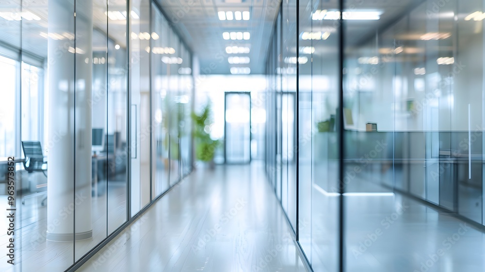 Blurred View of a Modern Office Hallway with Glass Partitions Blurred View of a Modern Office Hallway with Glass Partitions