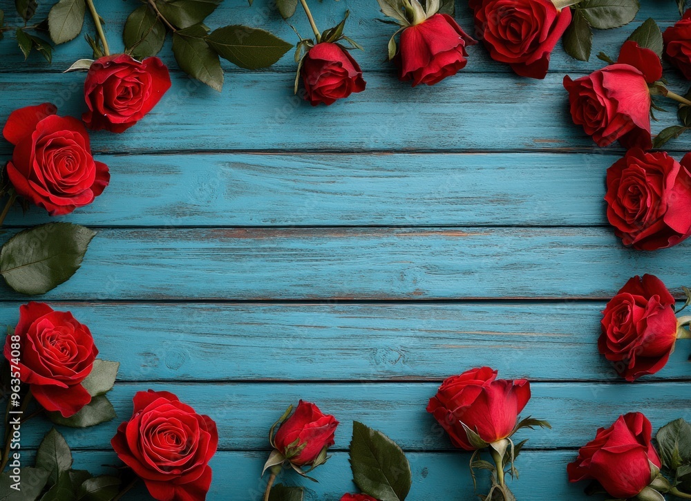 Red roses on a blue wooden background with copy space for a Valentine's Day celebration or Mother's Day banner concept Red roses on a blue wooden background with copy space for a Valentine's Day celebration or Mother's Day banner concept