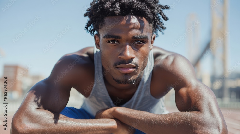Young athletic man taking a break after sprint, leaning forward with hands on knees, cityscape and bridge visible in the distance Young athletic man taking a break after sprint, leaning forward with hands on knees, cityscape and bridge visible in the distance